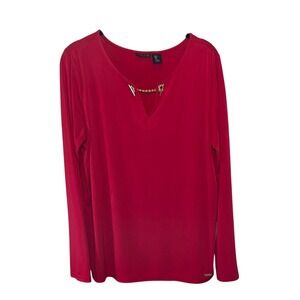 Tahari Red Long Sleeve Top with Gold Chain Detail Blouse‎